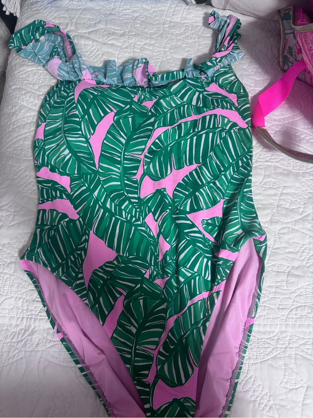 Lilly Pulitzer Pink & Green Tropical Leaf One-Piece Swimsuit